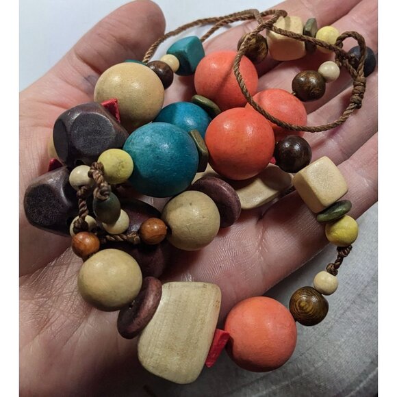 Rainbow Chunky Wood Beaded Statement Necklace - Picture 7 of 8